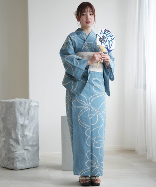 【完売品】utatane 浴衣　ライトブルー　水色 手染め注染浴衣3点セット utatane×注染工房 先染めベージュ 水色の綱