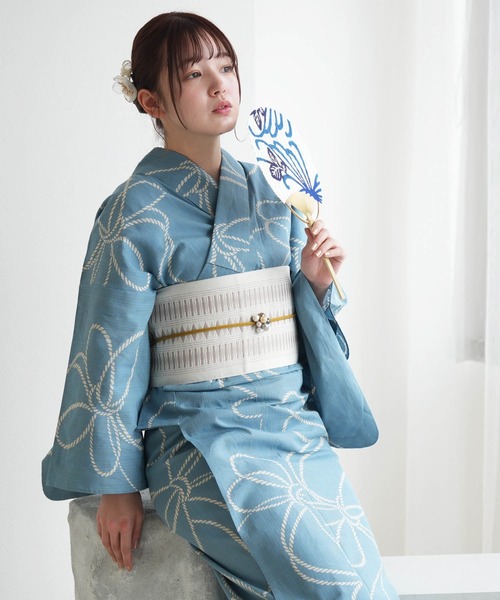 手染め注染浴衣3点セット utatane×注染工房 先染めベージュ 水色