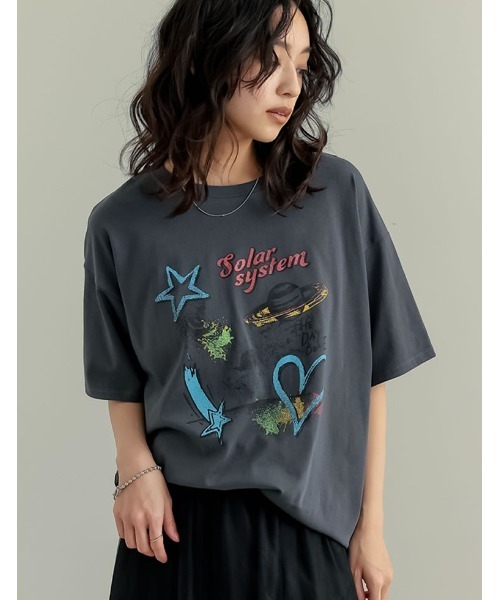 Re:EDIT（リエディ）の「[UVカット][接触冷感]オーバーサイズプラネットグラフィックTシャツ（Tシャツ/カットソー・レディース・ホワイト/チャコールグレー/ブラック・MEDIUM/LARGE）」の3枚目の写真