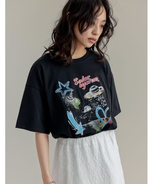 Re:EDIT（リエディ）の「[UVカット][接触冷感]オーバーサイズプラネットグラフィックTシャツ（Tシャツ/カットソー・レディース・ホワイト/チャコールグレー/ブラック・MEDIUM/LARGE）」の7枚目の写真