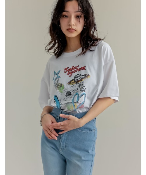 Re:EDIT（リエディ）の「[UVカット][接触冷感]オーバーサイズプラネットグラフィックTシャツ（Tシャツ/カットソー・レディース・ホワイト/チャコールグレー/ブラック・MEDIUM/LARGE）」の9枚目の写真