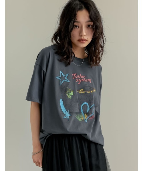 Re:EDIT（リエディ）の「[UVカット][接触冷感]オーバーサイズプラネットグラフィックTシャツ（Tシャツ/カットソー・レディース・ホワイト/チャコールグレー/ブラック・MEDIUM/LARGE）」の13枚目の写真