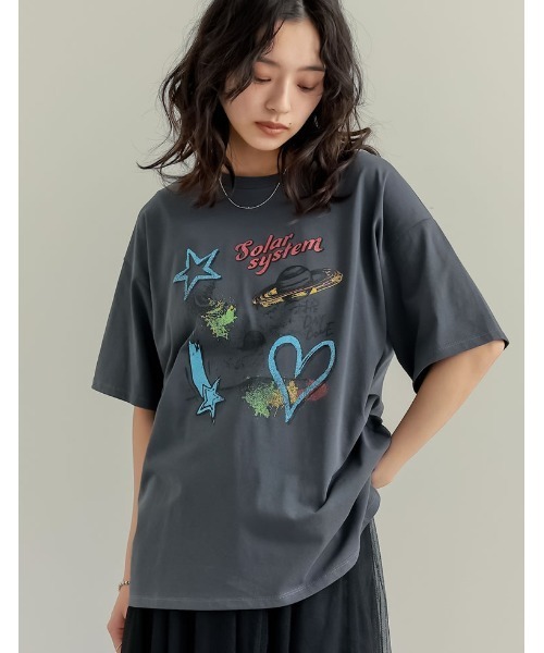 Re:EDIT（リエディ）の「[UVカット][接触冷感]オーバーサイズプラネットグラフィックTシャツ（Tシャツ/カットソー・レディース・ホワイト/チャコールグレー/ブラック・MEDIUM/LARGE）」の15枚目の写真