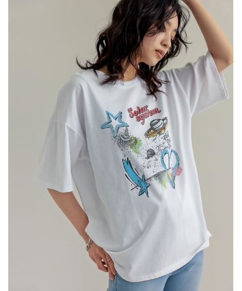 Re:EDIT（リエディ）の「[UVカット][接触冷感]オーバーサイズプラネットグラフィックTシャツ（Tシャツ/カットソー・レディース・ホワイト/チャコールグレー/ブラック・MEDIUM/LARGE）」の22枚目の写真