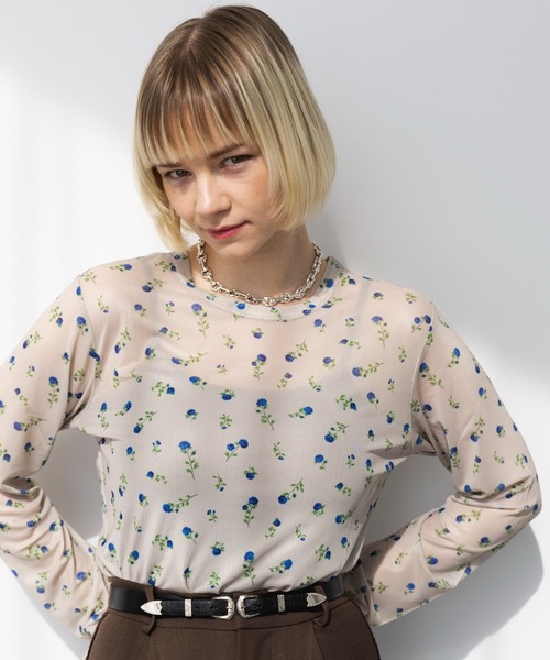 セール】【MAISON BREEZE reveur】crew neck printed sheer tops