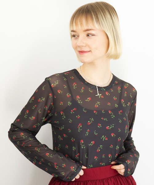 MAISON BREEZE reveur(メゾンブリーズレヴール)の「【MAISON BREEZE reveur】crew neck printed sheer tops クルーネックプリントシアートップス(Tシャツ/カットソー・レディース・ベージュ/ベージュ系その他2/ブラック系その他2/ブラック・FREE)」の3枚目の写真
