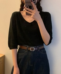 【大人きれい見え】5分袖Vネックニット
