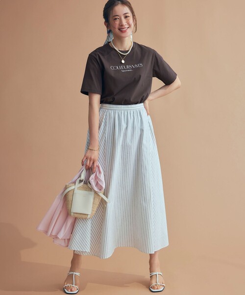 23区(ニジュウサンク)の「【洗える】リネンコットンストライプ ギャザー スカート(スカート・レディース・ホワイト系1/ダークブラウン系1・36/40/38)」の3枚目の写真