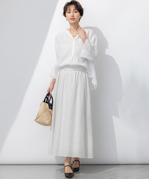 23区(ニジュウサンク)の「【洗える】リネンコットンストライプ ギャザー スカート(スカート・レディース・ホワイト系1/ダークブラウン系1・36/40/38)」の8枚目の写真