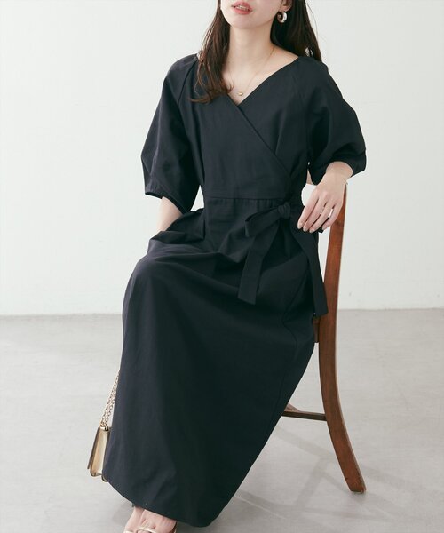 natural couture（ナチュラルクチュール）の「カシュクールランタンワンピース（ワンピース・レディース・ピンク/グリーン/オレンジ/ブラック・FREE/LARGE）」の5枚目の写真