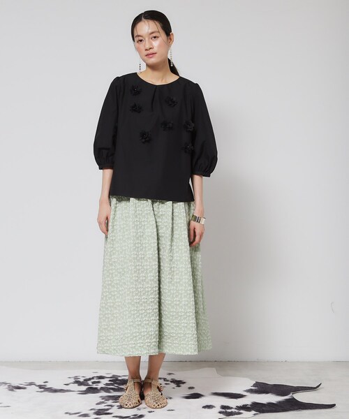 接触冷感／フラワーモチーフ】パフスリーブブラウス（シャツ/ブラウス