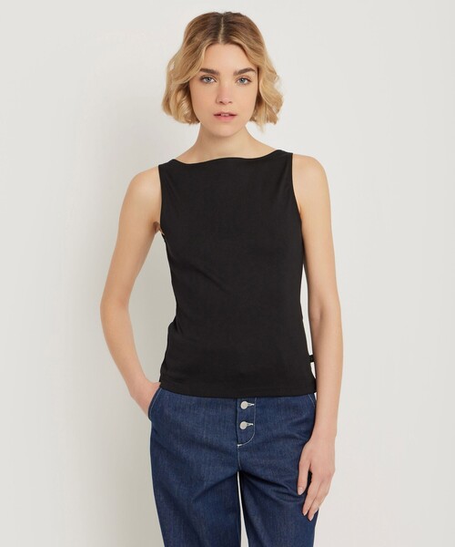 agnes b.(アニエスベー)の「コットン ボートネック ノースリーブ Tシャツ "Leopard"(Tシャツ/カットソー・レディース・ブラック・3/1/2)」の2枚目の写真