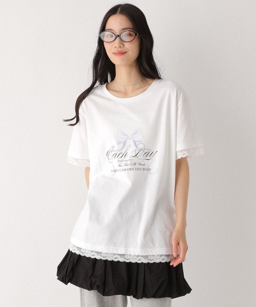 Heather（ヘザー）の「フロントリボンレースTEE　491042（Tシャツ/カットソー・レディース・スミクロ/オフホワイト/グレー・FREE）」の2枚目の写真