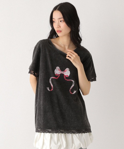 Heather（ヘザー）の「フロントリボンレースTEE　491042（Tシャツ/カットソー・レディース・スミクロ/オフホワイト/グレー・FREE）」の3枚目の写真