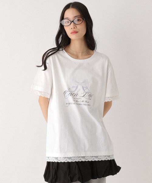 Heather（ヘザー）の「フロントリボンレースTEE　491042（Tシャツ/カットソー・レディース・スミクロ/オフホワイト/グレー・FREE）」の4枚目の写真