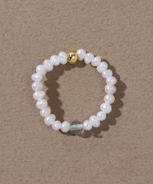 JUPITER(ジュピター)の「淡水パール×天然石リング/ゴム仕様/金属アレルギー対応/ニッケルフリー<動画あり>(リング・レディース・グレー/ブラウン/グリーン/ピンク/パープル・FREE)」の1枚目の写真