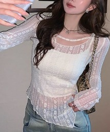 Sibra（シブラ）の「レース切替シアートップス/曲線美を引き立てるフィットシルエット（Tシャツ/カットソー）」