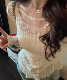 Sibra（シブラ）の「レース切替シアートップス/曲線美を引き立てるフィットシルエット（Tシャツ/カットソー）」