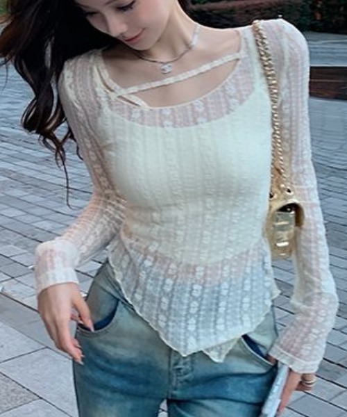 Sibra(シブラ)の「レース切替シアートップス/曲線美を引き立てるフィットシルエット(Tシャツ/カットソー・レディース・ブラック/アイボリー/ホワイト・M)」の10枚目の写真