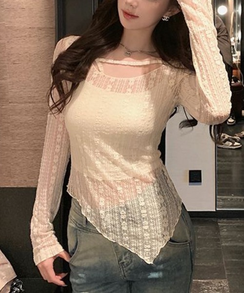 Sibra(シブラ)の「レース切替シアートップス/曲線美を引き立てるフィットシルエット(Tシャツ/カットソー・レディース・ブラック/アイボリー/ホワイト・M)」の8枚目の写真