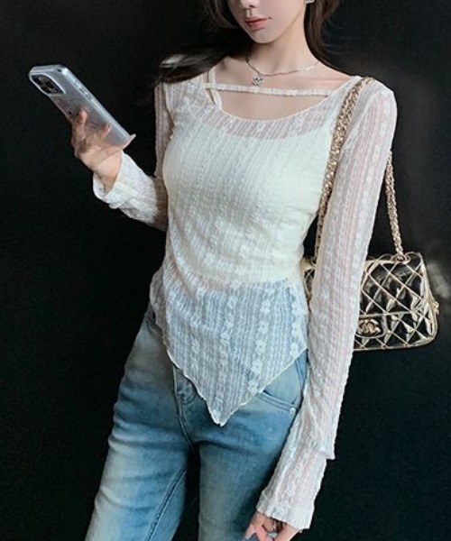 Sibra(シブラ)の「レース切替シアートップス/曲線美を引き立てるフィットシルエット(Tシャツ/カットソー・レディース・ブラック/アイボリー/ホワイト・M)」の20枚目の写真