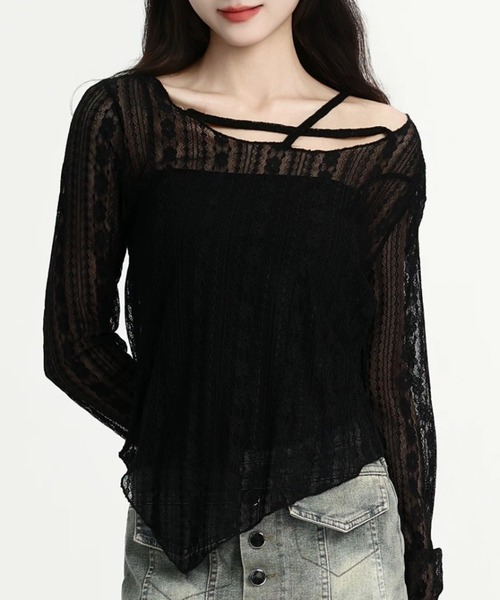 Sibra(シブラ)の「レース切替シアートップス/曲線美を引き立てるフィットシルエット(Tシャツ/カットソー・レディース・ブラック/アイボリー/ホワイト・M)」の4枚目の写真