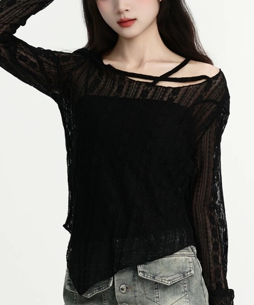 Sibra(シブラ)の「レース切替シアートップス/曲線美を引き立てるフィットシルエット(Tシャツ/カットソー・レディース・ブラック/アイボリー/ホワイト・M)」の5枚目の写真