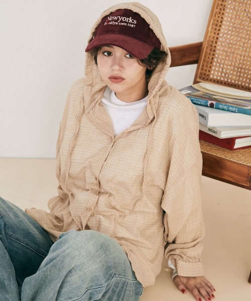 MERLOT（メルロー）の「ギンガムチェックフーディーシャツパーカー（シャツ/ブラウス・レディース・グリーン/ホワイト/ブルー/ブラウン・FREE）」の2枚目の写真