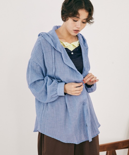 ギンガムチェックフーディーシャツパーカー（シャツ/ブラウス