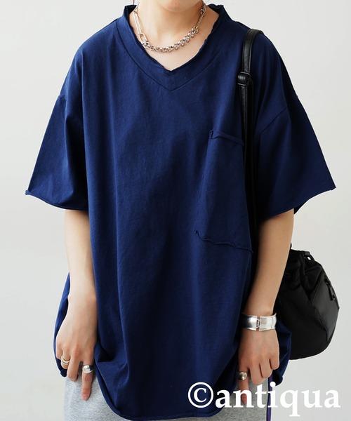 antiqua（アンティカ）の「Vネック 綿100% カットオフVネックT（Tシャツ/カットソー・レディース・ブラック/カーキ/ダークグレー/ブルー系その他/ホワイト/パープル系その他/レッド系その他・P/R）」の5枚目の写真
