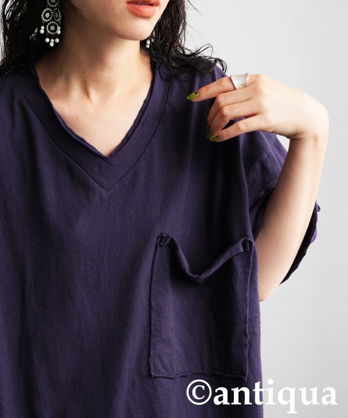 antiqua（アンティカ）の「Vネック 綿100% カットオフVネックT（Tシャツ/カットソー・レディース・ブラック/カーキ/ダークグレー/ブルー系その他/ホワイト/パープル系その他/レッド系その他・P/R）」の6枚目の写真