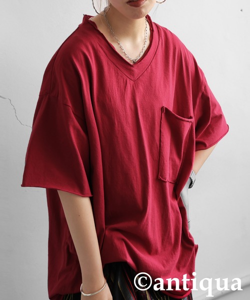 Tシャツ/カットソー（レッド/赤色系・Vネック）ファッション通販