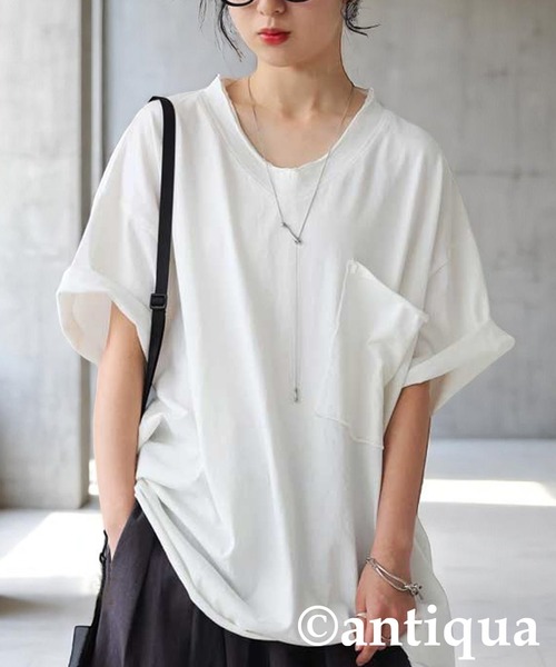 トップス V Vネック 綿100% カットオフVネックT（Tシャツ/カットソー）｜antiqua