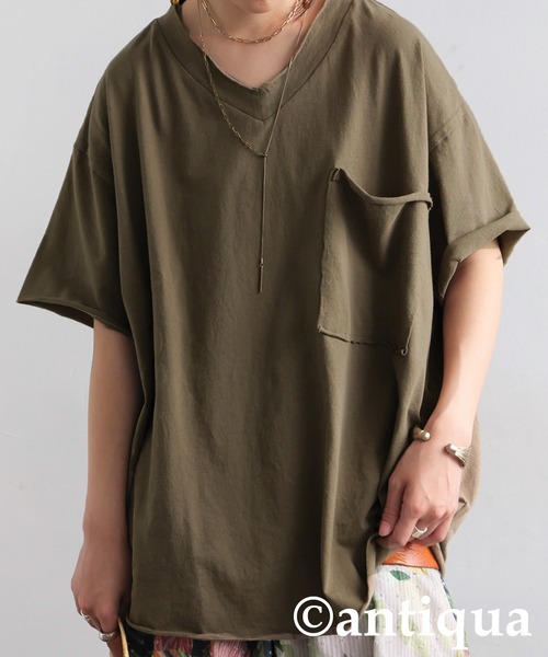 antiqua（アンティカ）の「Vネック 綿100% カットオフVネックT（Tシャツ/カットソー・レディース・ブラック/カーキ/ダークグレー/ブルー系その他/ホワイト/パープル系その他/レッド系その他・P/R）」の4枚目の写真