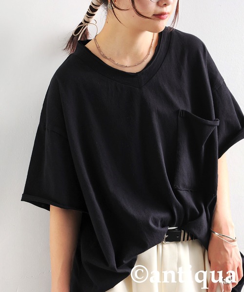 antiqua（アンティカ）の「Vネック 綿100% カットオフVネックT（Tシャツ/カットソー・レディース・ブラック/カーキ/ダークグレー/ブルー系その他/ホワイト/パープル系その他/レッド系その他・P/R）」の2枚目の写真