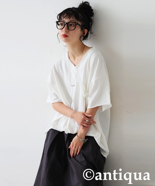 antiqua（アンティカ）の「Vネック 綿100% カットオフVネックT（Tシャツ/カットソー・レディース・ブラック/カーキ/ダークグレー/ブルー系その他/ホワイト/パープル系その他/レッド系その他・P/R）」の10枚目の写真