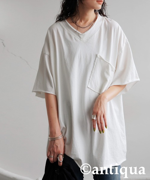 antiqua（アンティカ）の「Vネック 綿100% カットオフVネックT（Tシャツ/カットソー・レディース・ブラック/カーキ/ダークグレー/ブルー系その他/ホワイト/パープル系その他/レッド系その他・P/R）」の12枚目の写真