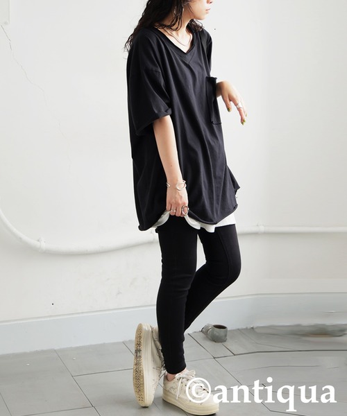 antiqua（アンティカ）の「Vネック 綿100% カットオフVネックT（Tシャツ/カットソー・レディース・ブラック/カーキ/ダークグレー/ブルー系その他/ホワイト/パープル系その他/レッド系その他・P/R）」の22枚目の写真