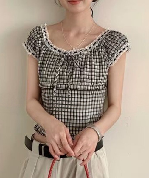 Lace Ladies（レースレディース）の「チェック柄 レース フロントリボン パフスリーブ ブラウス（シャツ/ブラウス・レディース・ネイビー/ブラック・FREE）」の2枚目の写真
