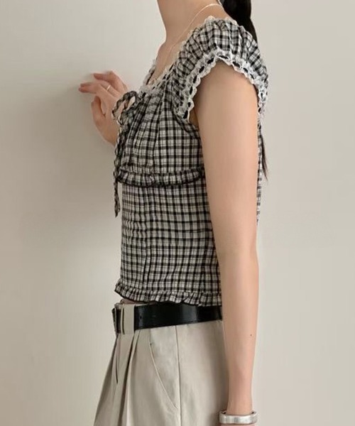 Lace Ladies（レースレディース）の「チェック柄 レース フロントリボン パフスリーブ ブラウス（シャツ/ブラウス・レディース・ネイビー/ブラック・FREE）」の3枚目の写真