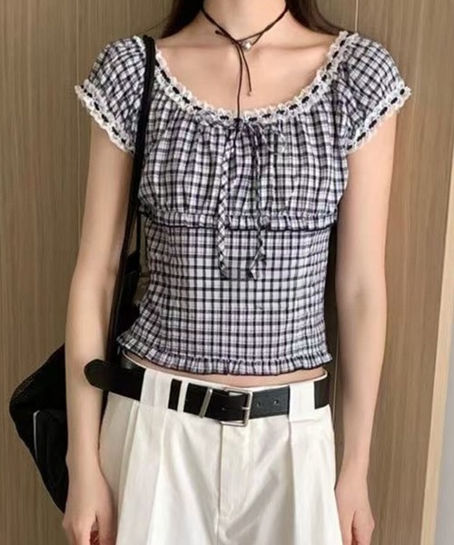 Lace Ladies（レースレディース）の「チェック柄 レース フロントリボン パフスリーブ ブラウス（シャツ/ブラウス・レディース・ネイビー/ブラック・FREE）」の4枚目の写真