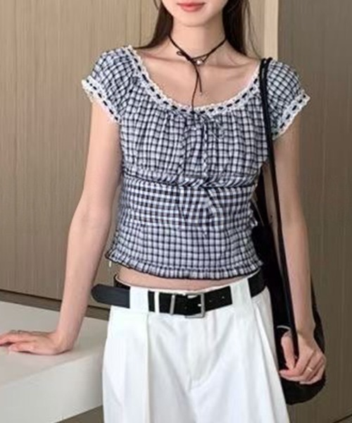 Lace Ladies（レースレディース）の「チェック柄 レース フロントリボン パフスリーブ ブラウス（シャツ/ブラウス・レディース・ネイビー/ブラック・FREE）」の6枚目の写真