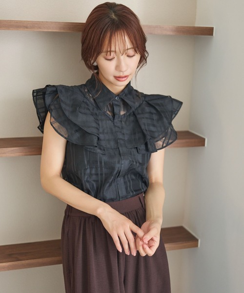 mysty woman（ミスティウーマン）の「シアーチェックブラウス 581422（シャツ/ブラウス・レディース・オフホワイト/ライトブルー/ブラック・FREE）」の3枚目の写真