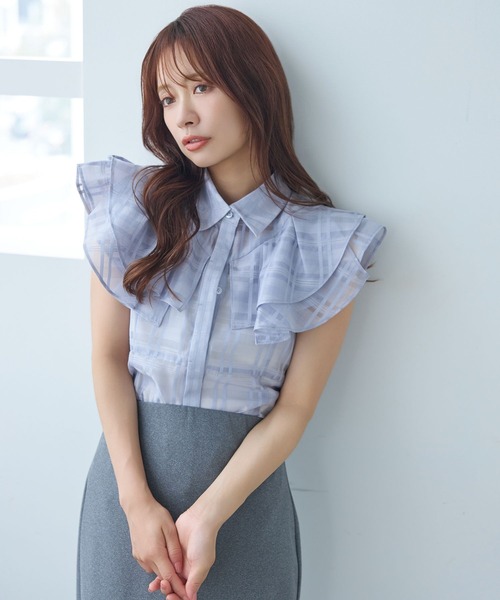 mysty woman（ミスティウーマン）の「シアーチェックブラウス 581422（シャツ/ブラウス・レディース・オフホワイト/ライトブルー/ブラック・FREE）」の5枚目の写真