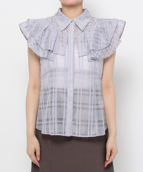 mysty woman（ミスティウーマン）の「シアーチェックブラウス 581422（シャツ/ブラウス・レディース・オフホワイト/ライトブルー/ブラック・FREE）」の10枚目の写真