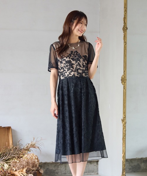 Rose Tiara(ローズティアラ)の「【美シルエット】ドットチュール刺繍ワンピース(ワンピース・レディース・キャメル/ブラック・38/40/42/46)」の1枚目の写真