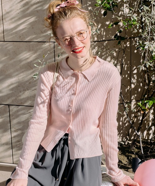 BONLECILL（ボンルシール）の「【マシンウォッシャブル】シアーテレコポロニット多ボタンカーディガン（カーディガン/ボレロ・レディース・ブラック/アイボリー/ネイビー/モスグリーン/レッド/ブラウン/ピンク/グレー・FREE）」の8枚目の写真