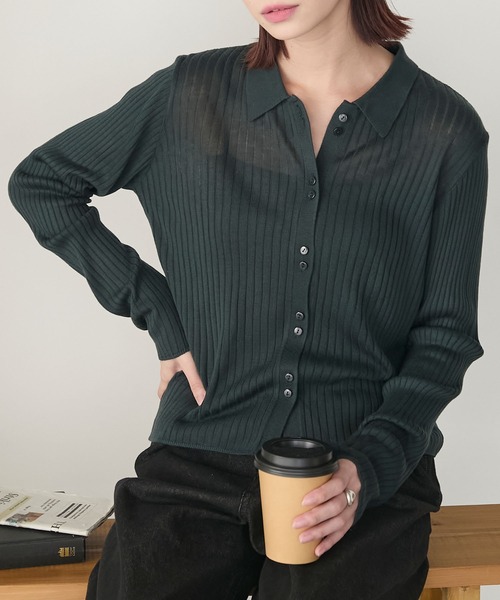 BONLECILL（ボンルシール）の「【マシンウォッシャブル】シアーテレコポロニット多ボタンカーディガン（カーディガン/ボレロ・レディース・ブラック/アイボリー/ネイビー/モスグリーン/レッド/ブラウン/ピンク/グレー・FREE）」の6枚目の写真