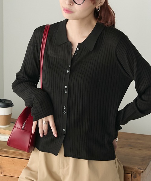 BONLECILL（ボンルシール）の「【マシンウォッシャブル】シアーテレコポロニット多ボタンカーディガン（カーディガン/ボレロ・レディース・ブラック/アイボリー/ネイビー/モスグリーン/レッド/ブラウン/ピンク/グレー・FREE）」の3枚目の写真