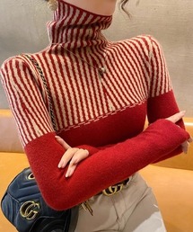 ストライプジャガード切り替えハイネックニットプルオーバー